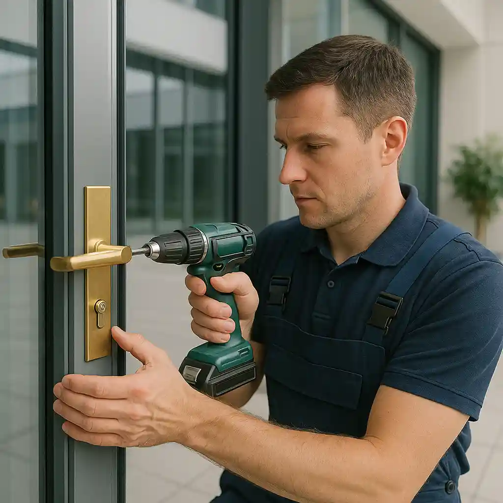 A man using a drill to unlock a door, showcasing commercial locksmith services in action.