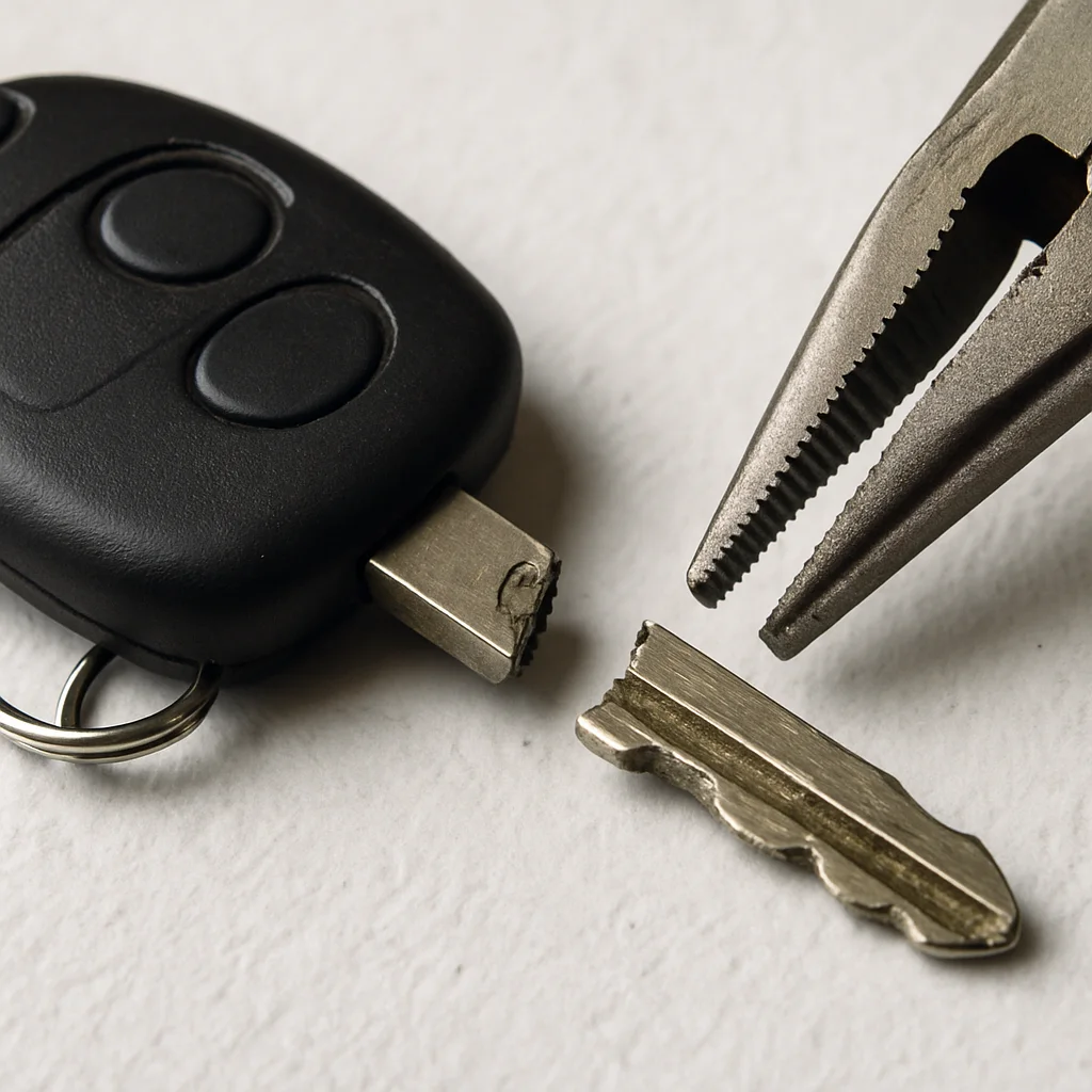 A pair of pliers next to a broken car key, illustrating tools used for key extractions.