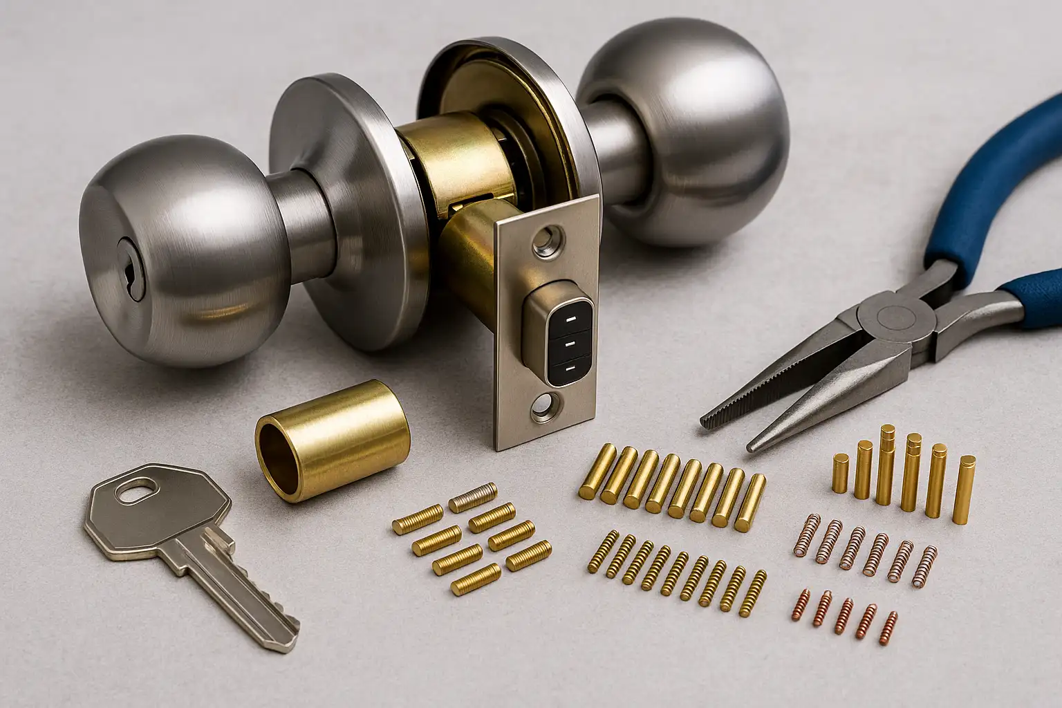 A lock and key set alongside a screwdriver and tools, used for commercial lock rekeying services.