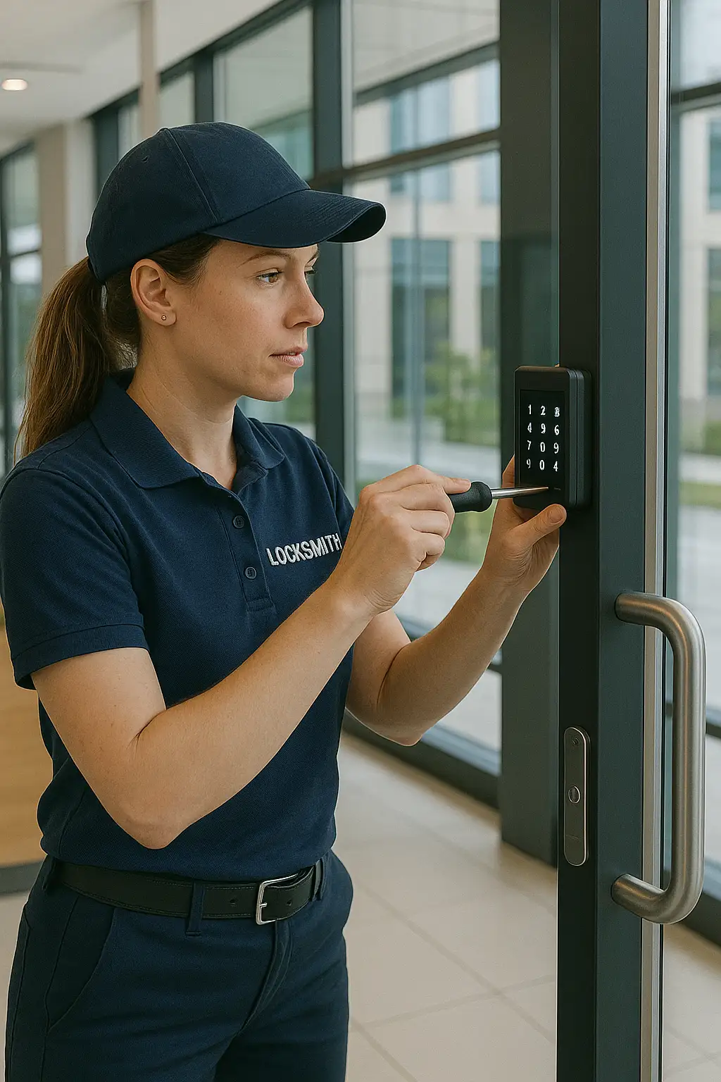 A woman in a blue shirt and cap holds a keypad, representing commercial lock replacement services.