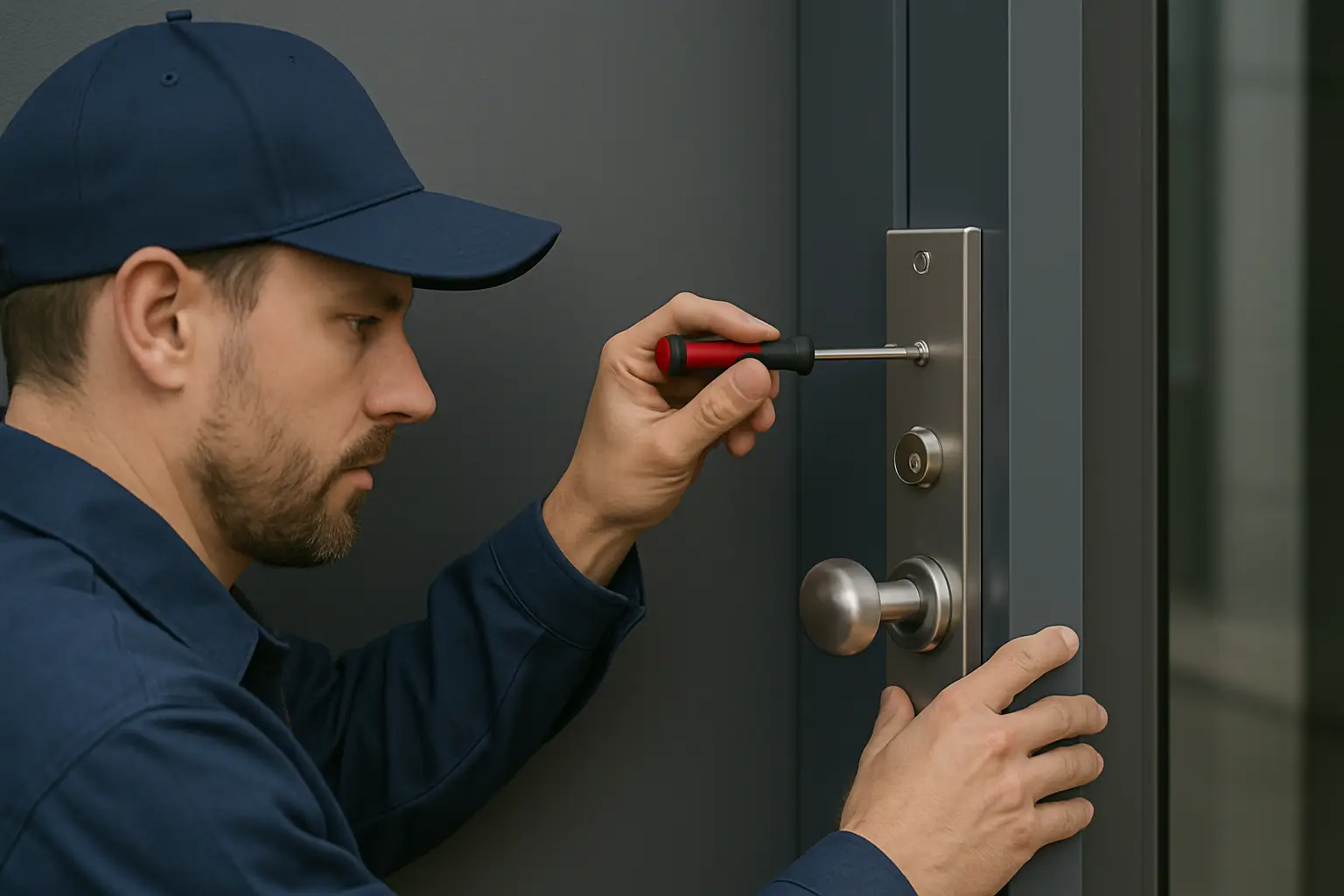 A man in a blue shirt repairs a door handle, representing commercial locksmith services in action.