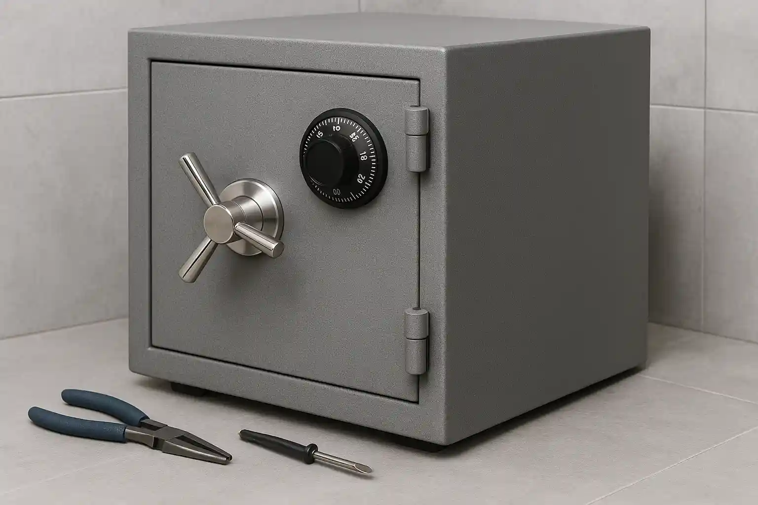 A commercial safe box with a key and pliers, symbolizing lock service and security solutions.