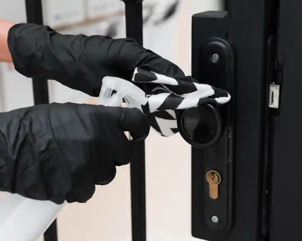 A person wearing black gloves is opening a door, showcasing door hardware services in action.