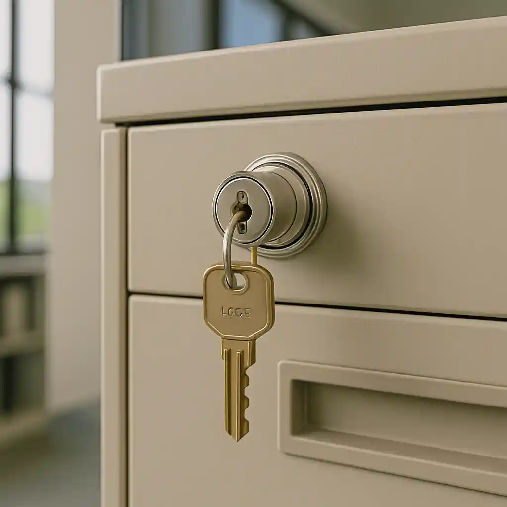 A key rests on a drawer of a file cabinet, indicating the presence of locks for secure storage.