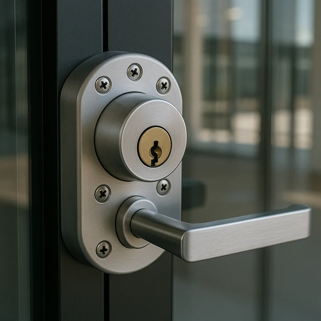 Close-up of a door handle featuring a key, highlighting high-security lock solutions for enhanced safety.
