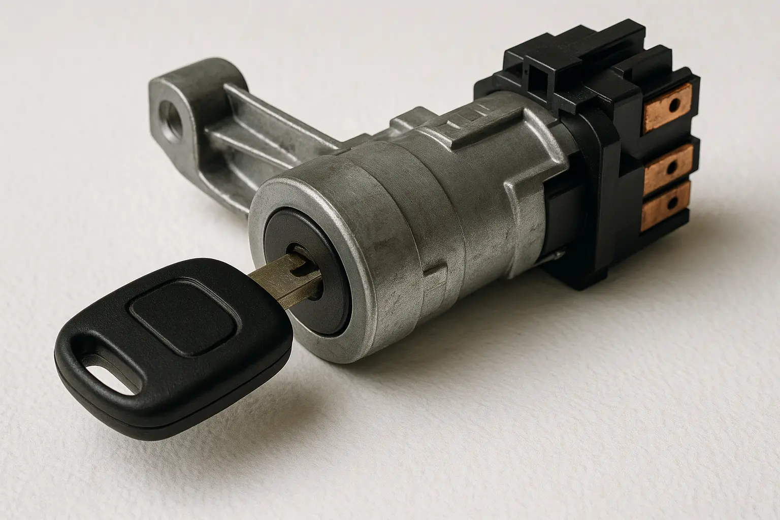 A person holding a small tool in front of a car, preparing for an ignition replacement.