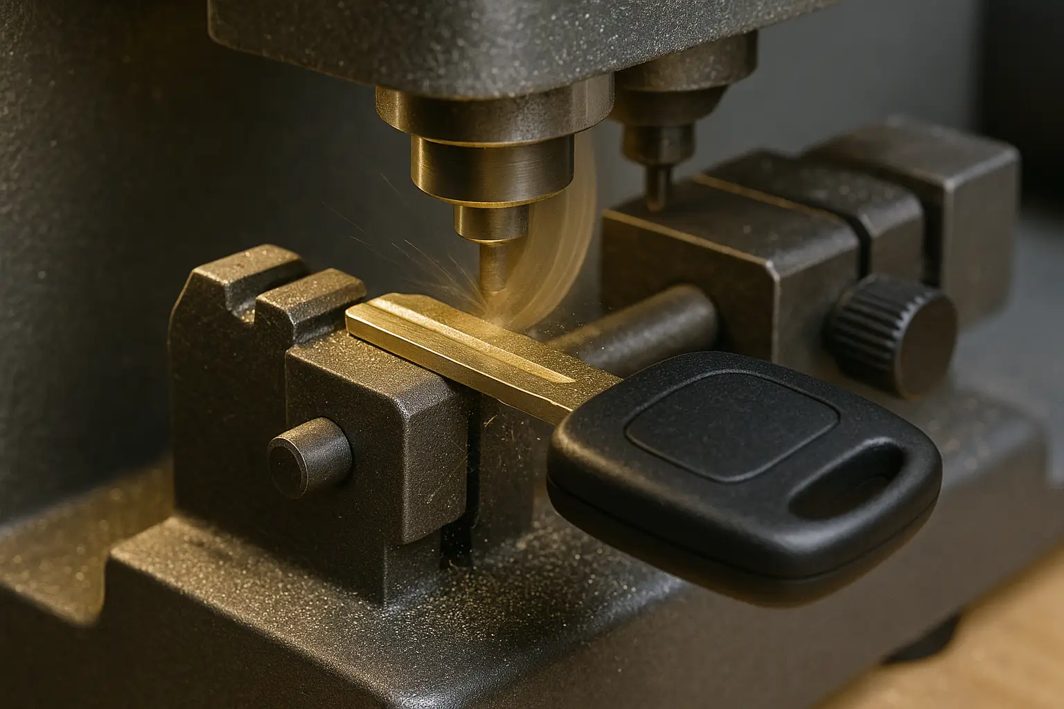 A key is inserted into a key cutting machine for duplication
