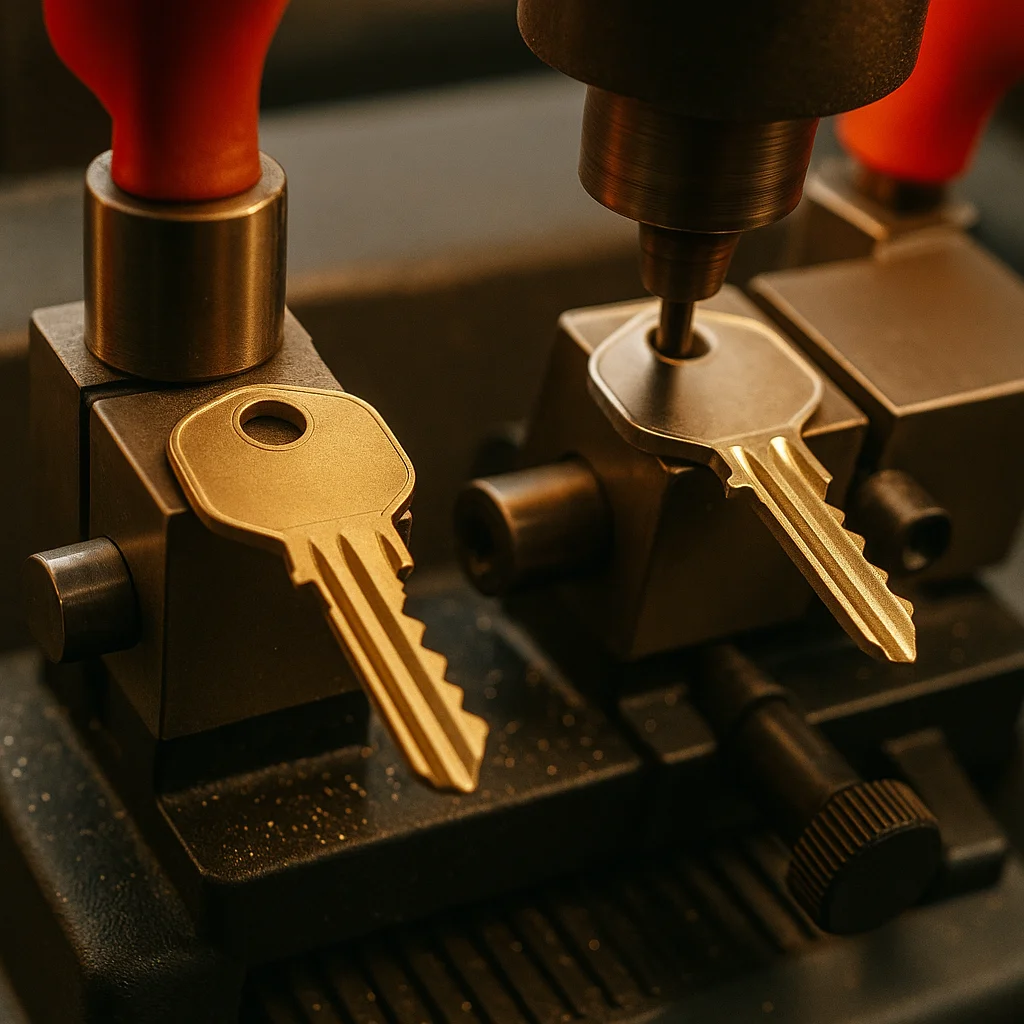 A drill press featuring two keys, highlighting its function for key duplication.
