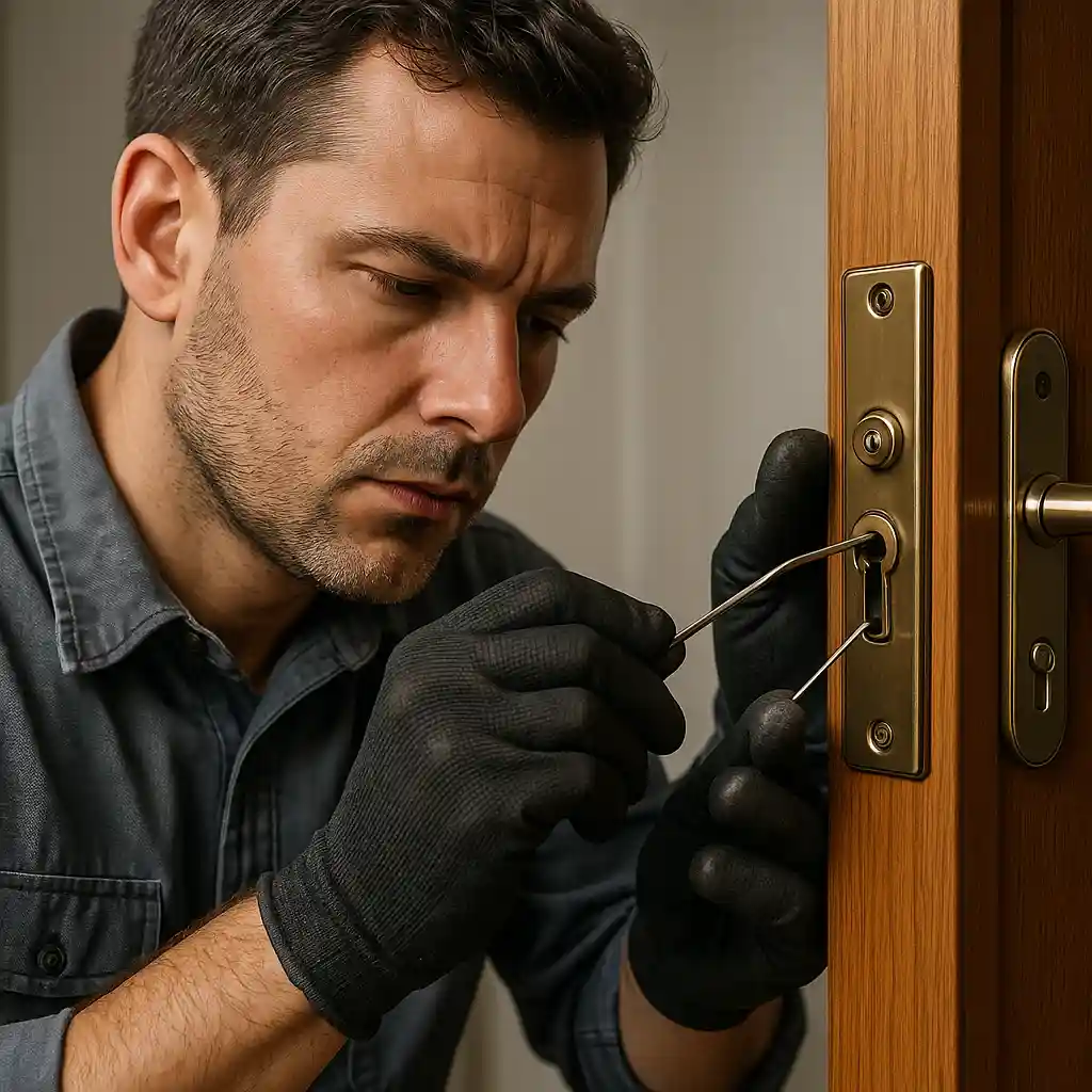A man wearing black gloves is repairing a door handle with a tool.