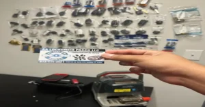 and holding an AA Locksmith Pasco LLC business card inside a locksmith workshop, with tools and replacement keys in the background—highlighting the modern services and options available to consumers in 2025.