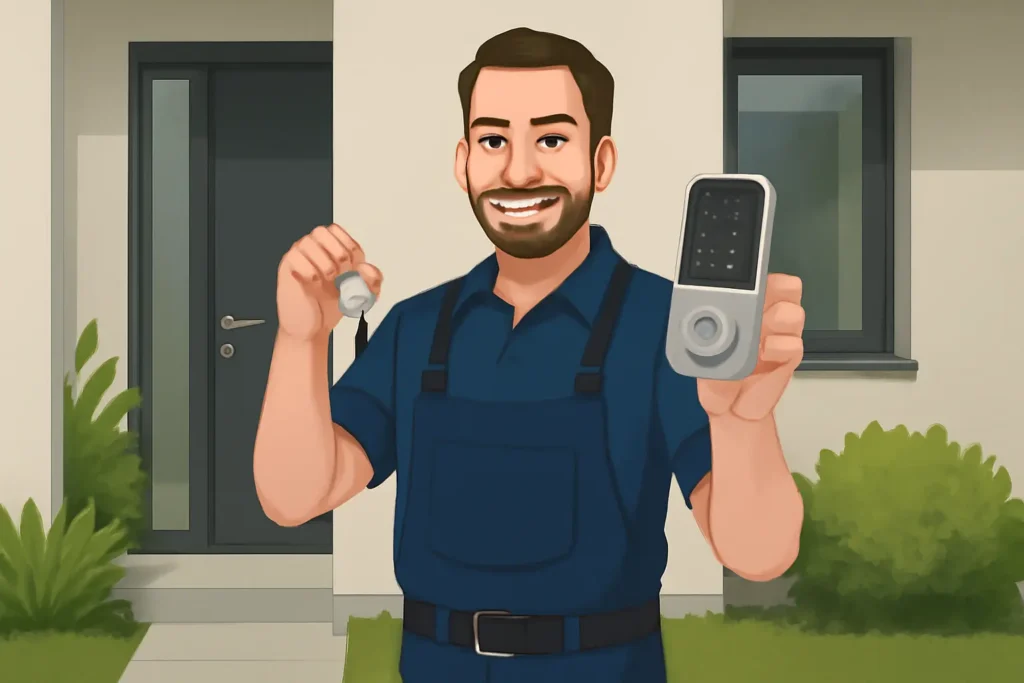 Residential locksmith offering modern security solutions in front of a sleek home, holding a smart keypad lock and a set of keys, ready to assist with essential locksmith services