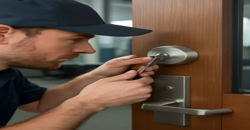 A locksmith installs a commercial-grade deadbolt lock on an office door, focusing on the task with a screwdriver in hand