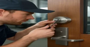 A locksmith installs a commercial-grade deadbolt lock on an office door, focusing on the task with a screwdriver in hand