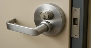 Commonly installed commercial door lock by a locksmith, featuring a cylindrical stainless steel handle with an integrated lock on a beige metal door, highlighting its brushed finish and smooth textures