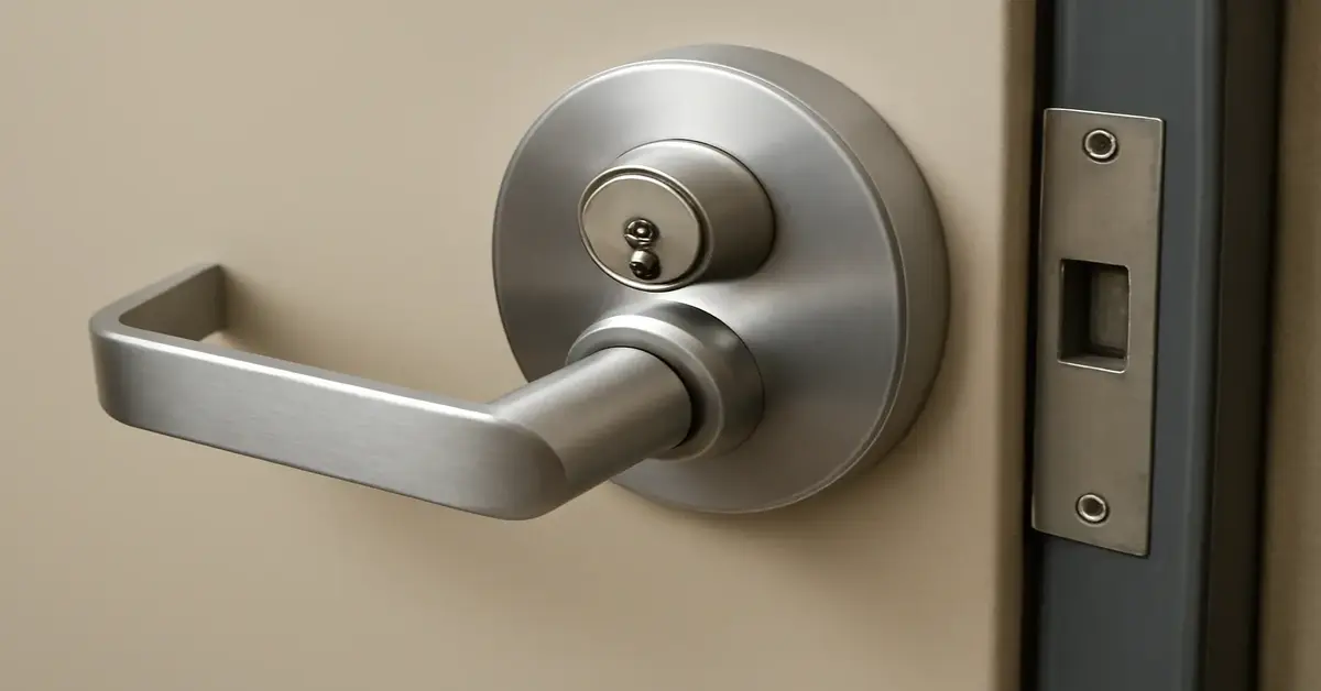 Commonly installed commercial door lock by a locksmith, featuring a cylindrical stainless steel handle with an integrated lock on a beige metal door, highlighting its brushed finish and smooth textures