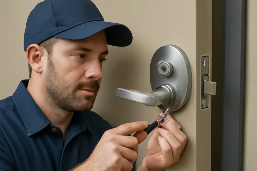 A locksmith with a navy blue cap and shirt carefully replaces a cylindrical commercial door lock with a screwdriver on a beige metal door.