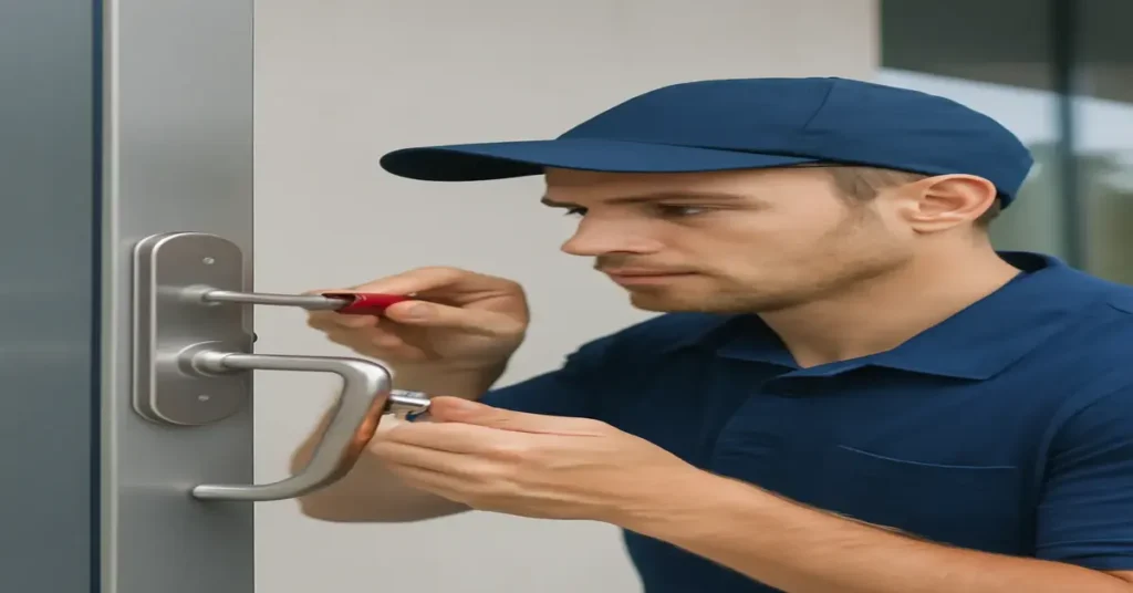 A locksmith with light skin and a navy blue polo shirt and cap works on a commercial door lock with a red-handled screwdriver. He holds a set of keys in one hand and adjusts the lock with careful attention, set against a blurred background.