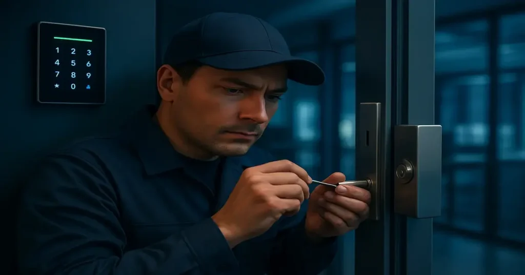 Technician enhancing a commercial building’s door lock near a digital keypad system, illustrating modern ways to improve commercial security.