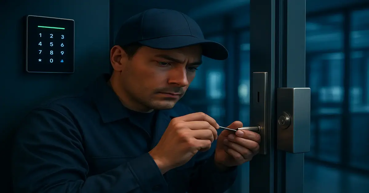 Technician enhancing a commercial building’s door lock near a digital keypad system, illustrating modern ways to improve commercial security.