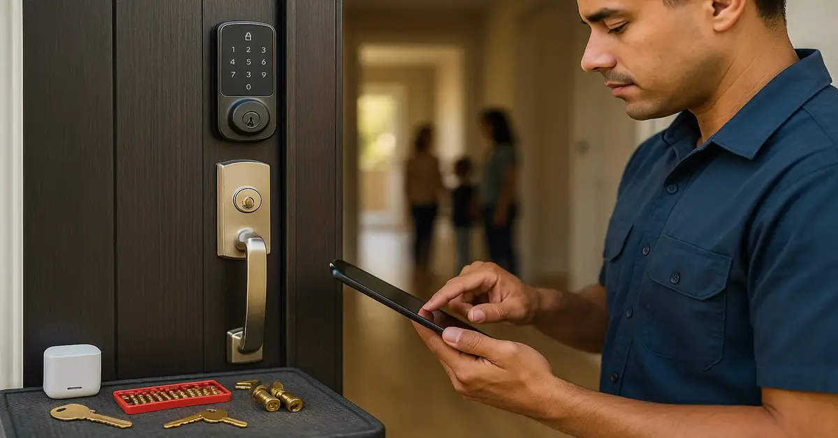 A residential locksmith is seen installing a smart lock on a front door while using a tablet. The image also shows tools and key pins laid out, highlighting the expertise involved in modern locksmith services