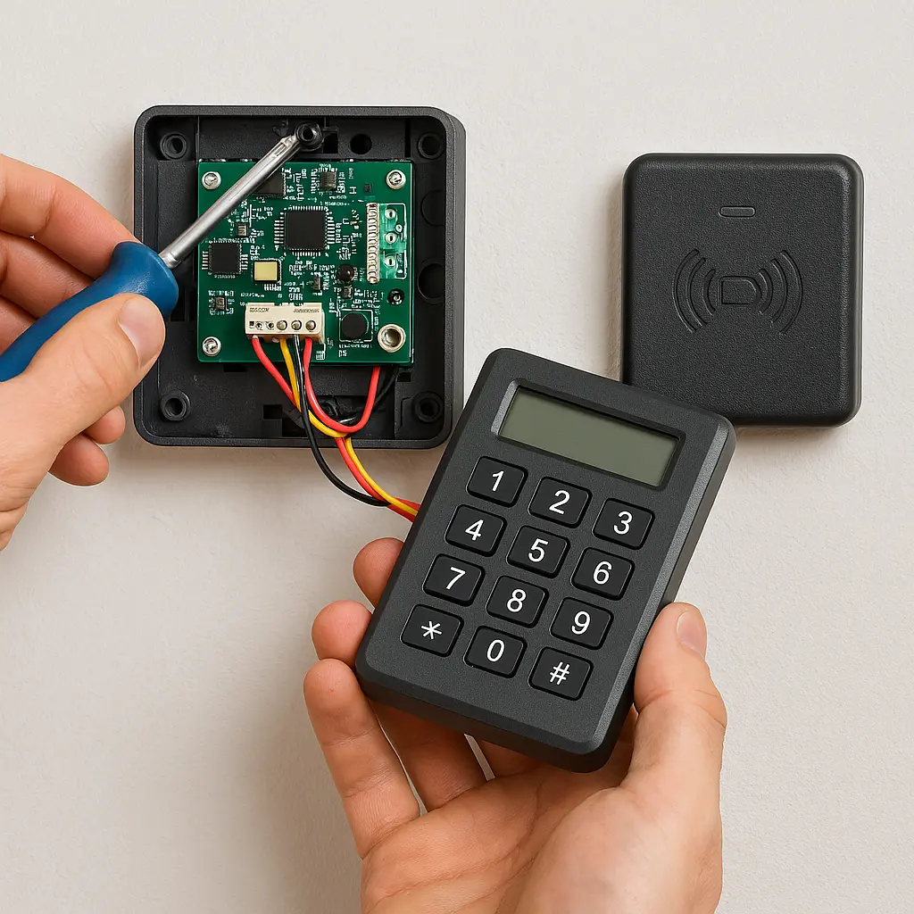 Technician performing Access control systems repair on an electronic door panel