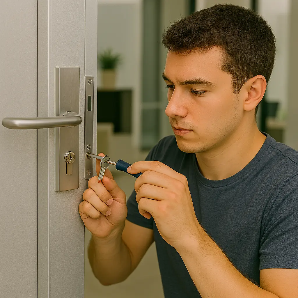 Young locksmith performing Aluminium Door Lock Rekey service on a modern office door