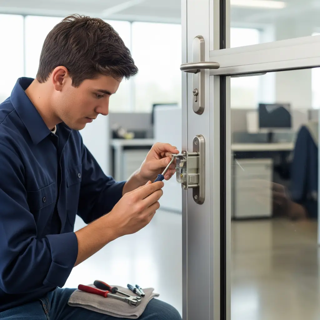 A young man is repairing an aluminum door handle lock in an office