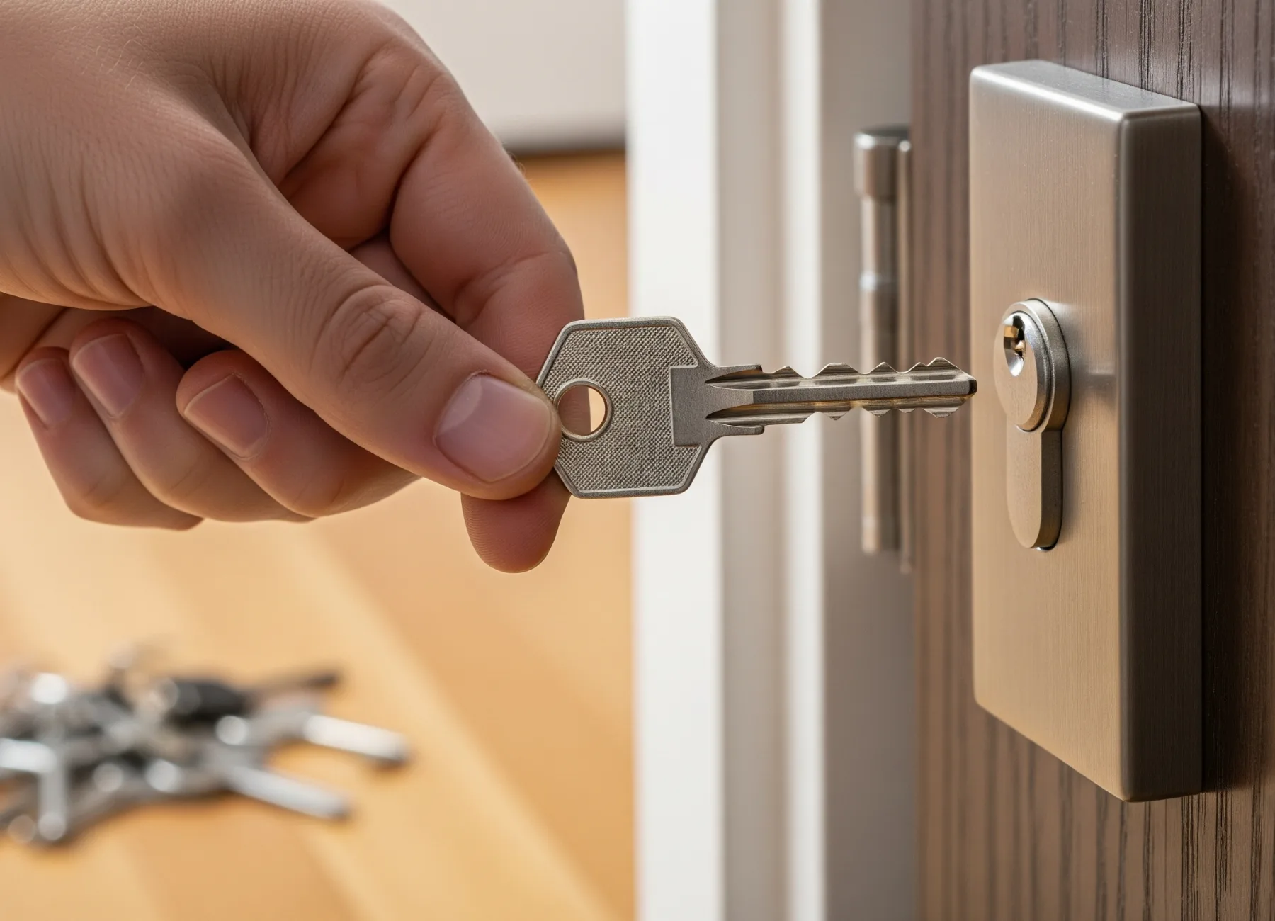 Illustrating the Benefits Of Rekeying Your Home Lock, a hand holds a single new key for a door, leaving a large pile of old, obsolete keys in the background.