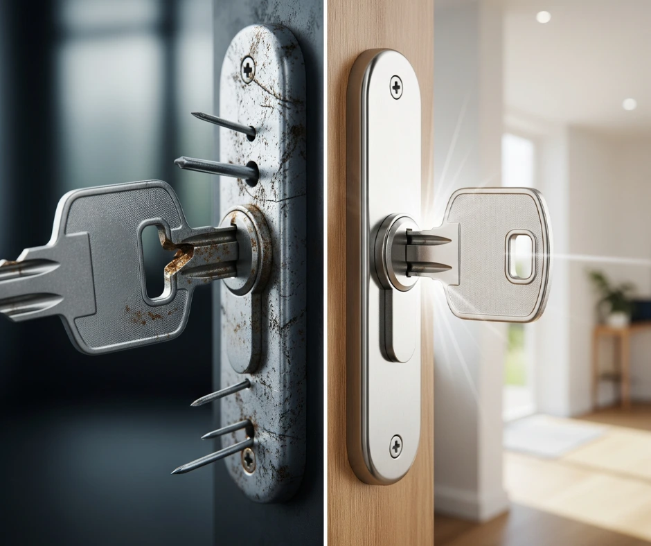 A split-screen image highlighting the Benefits Of Rekeying Your Home Lock by comparing a rusty, broken, and insecure old lock on the left with a new, shiny, and secure lock on the right.