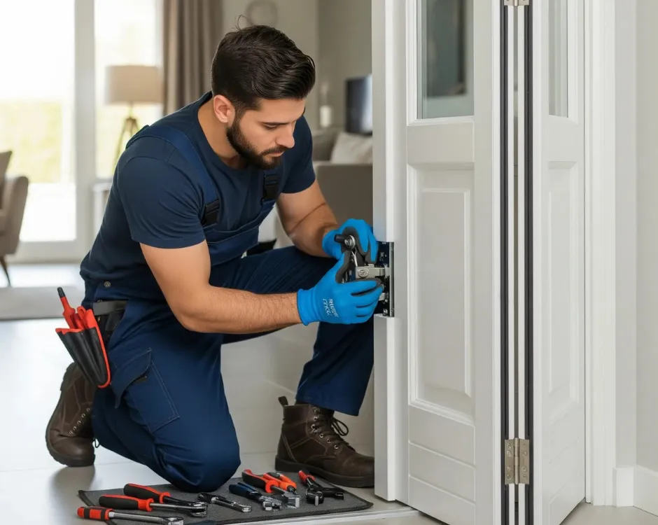 A professional technician in blue gloves kneels to perform a Bifold Door Lock Replacement, with his tools neatly laid out on a mat.