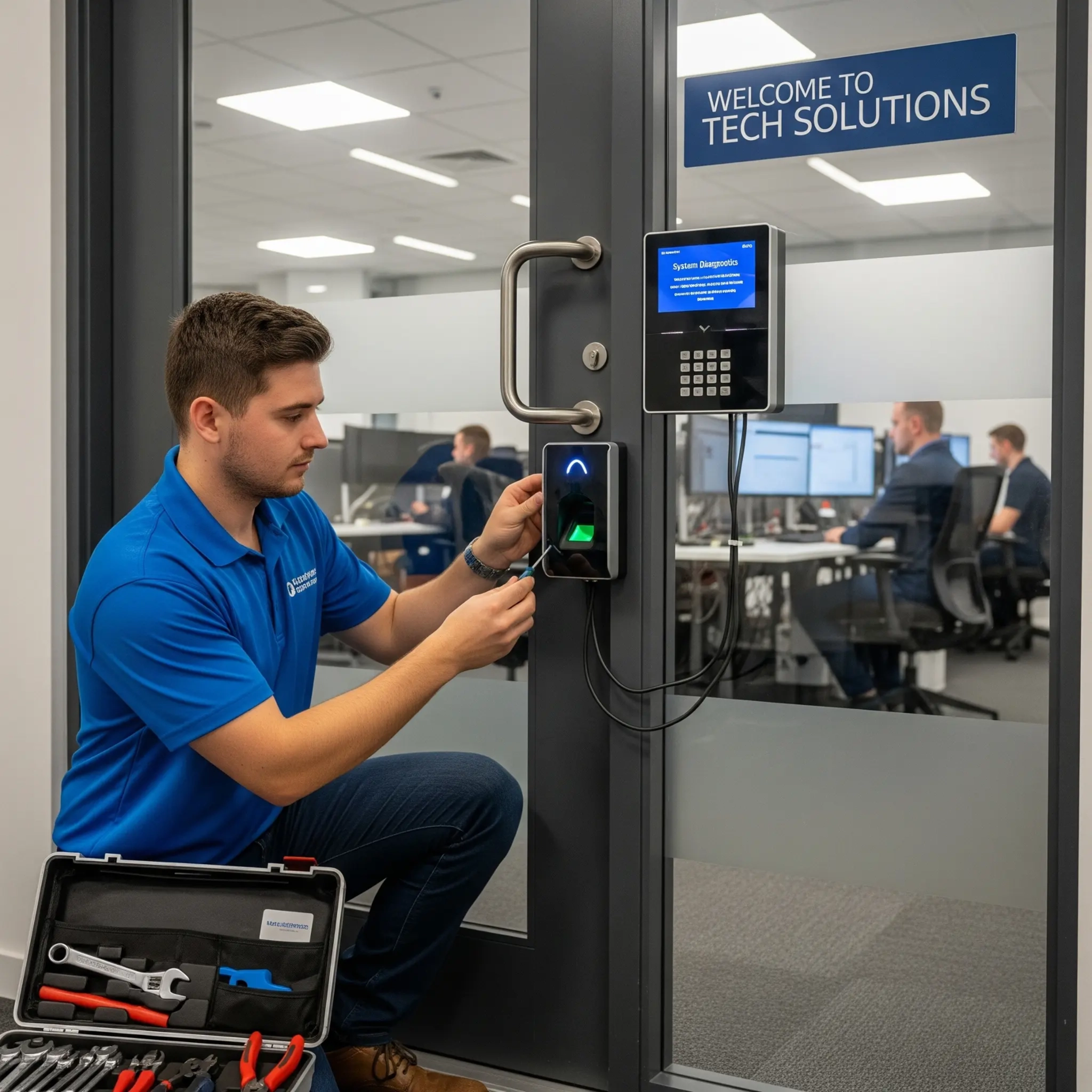 Middle-aged technician repairing Biometric Access Control system at the entry door of a modern IT office with glass windows and open workspace