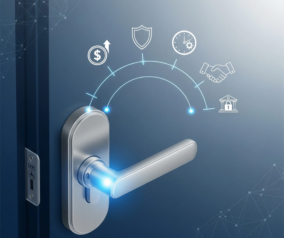Commercial Lock Repair featuring high-tech lock mechanism with security icons, including a shield, clock, handshake, dollar sign, and building, highlighting the benefits of upgraded security locks.