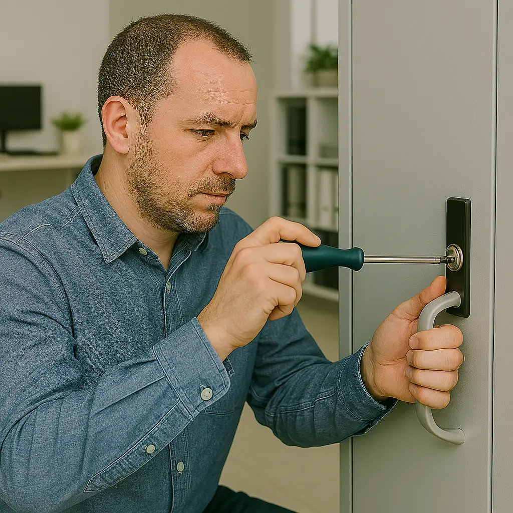 Professional technician performing Cabinet and drawer lock repair in a well-lit commercial workspace