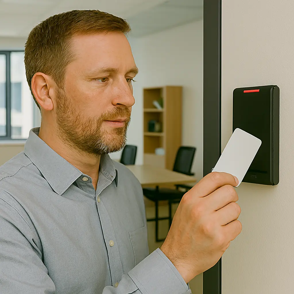 Man using Card Access Control system at the entrance of a modern office with large windows and meeting area