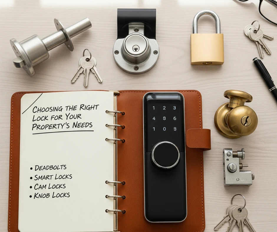 A flat lay image on a light wood surface showing a notebook with the title "Choosing the Right Lock for Your Property's Needs" and a bulleted list below it. Various types of locks are arranged around the notebook, including a deadbolt, a smart lock with a keypad, a padlock, a traditional doorknob lock, and keys.