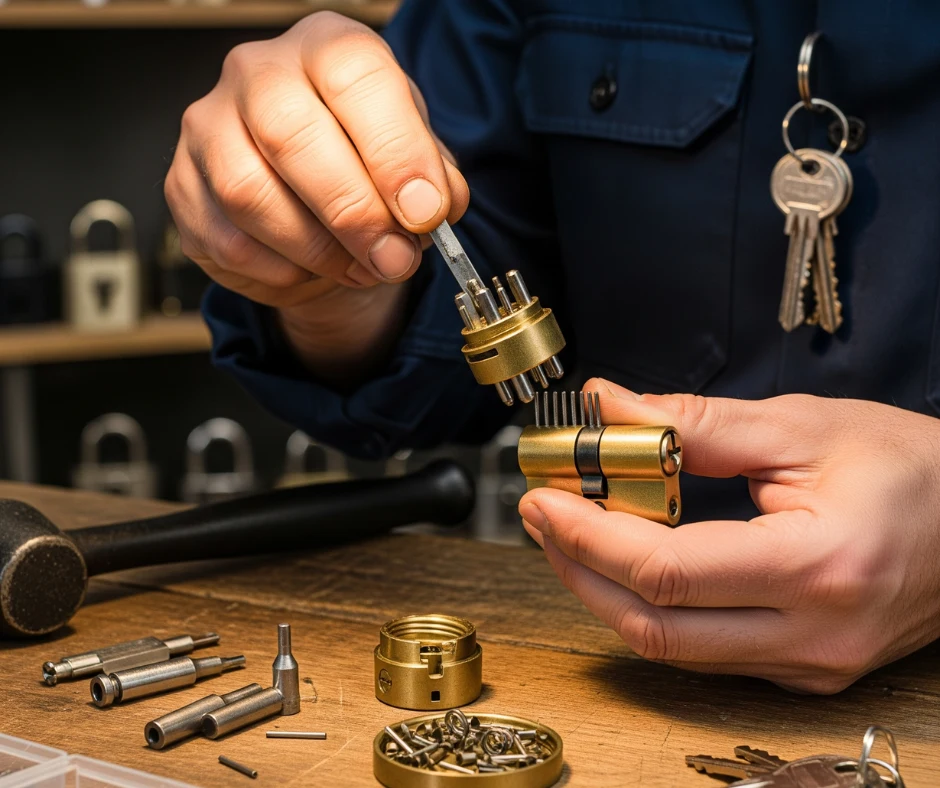Technician performing commercial lock rekeying service with lock components and tools in the background.