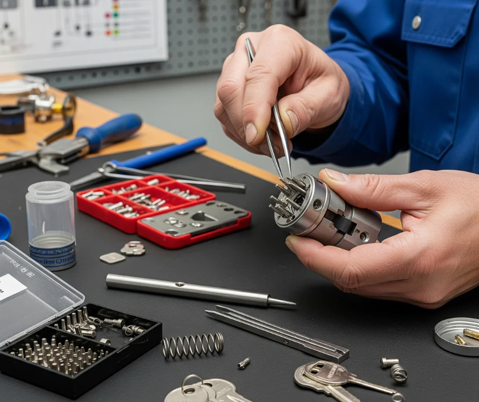 Technician performing Commercial Lock Rekeying with precision tools and key components on a workbench.