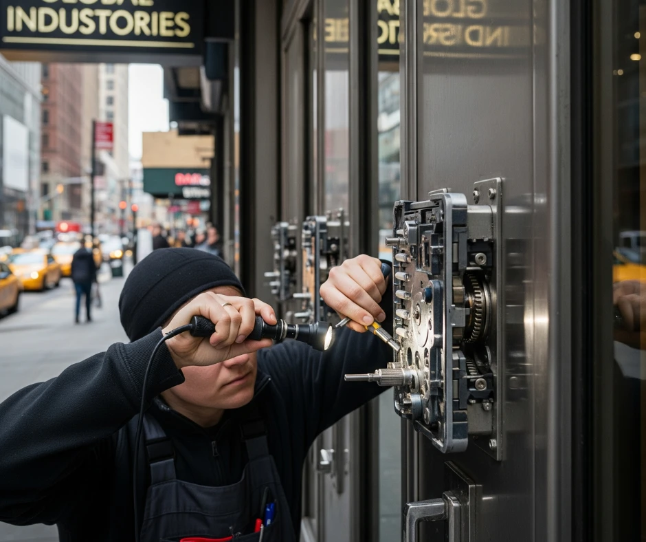 A locksmith performing a Commercial Lock Repair in Holiday, working on a high-security lock system outside a building in an urban setting with a professional tool and flashlight.