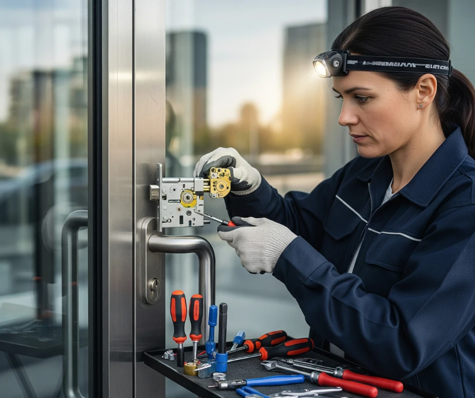 Professional locksmith performing commercial lock repair on a glass door, with various tools visible in the workspace. Commercial lock repair services in New Port Richey.