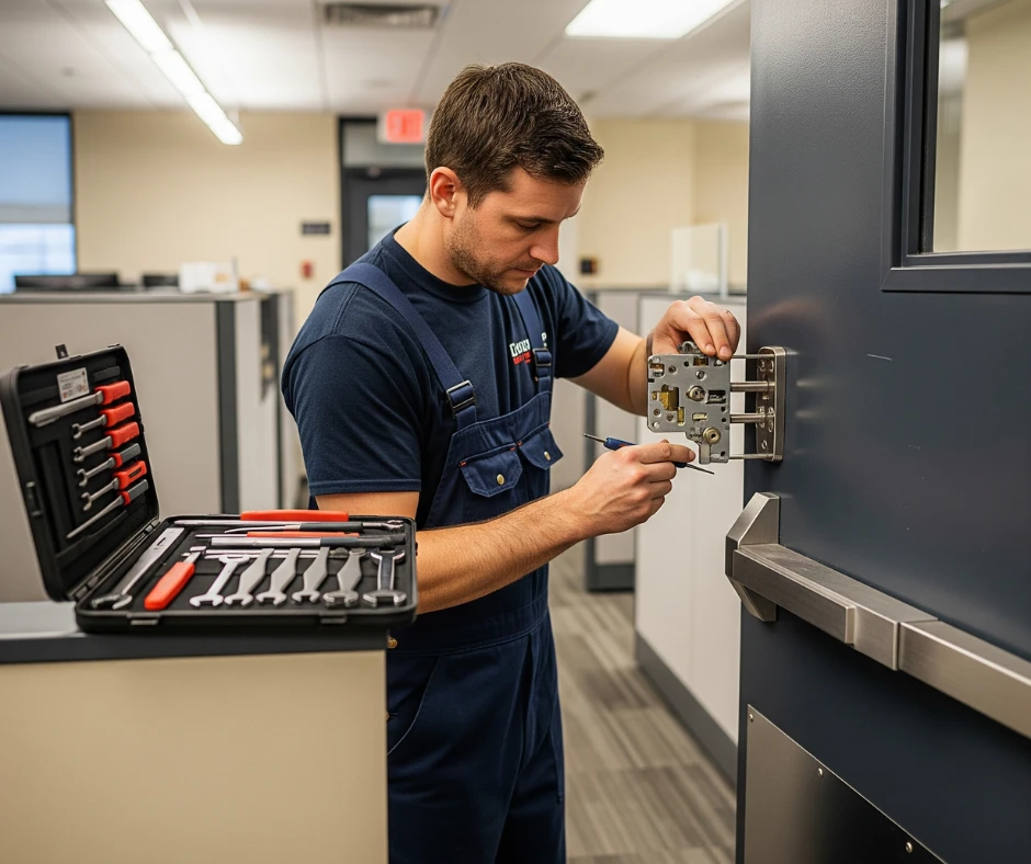Professional locksmith performing Commercial Lock Repair in Tarpon Springs, working on a door lock with high-quality tools.