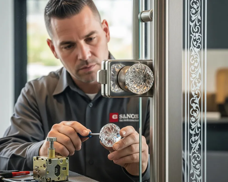 A skilled technician carefully works on a Crystal Door Lock Replacement, installing an elegant, faceted crystal doorknob on a glass door.