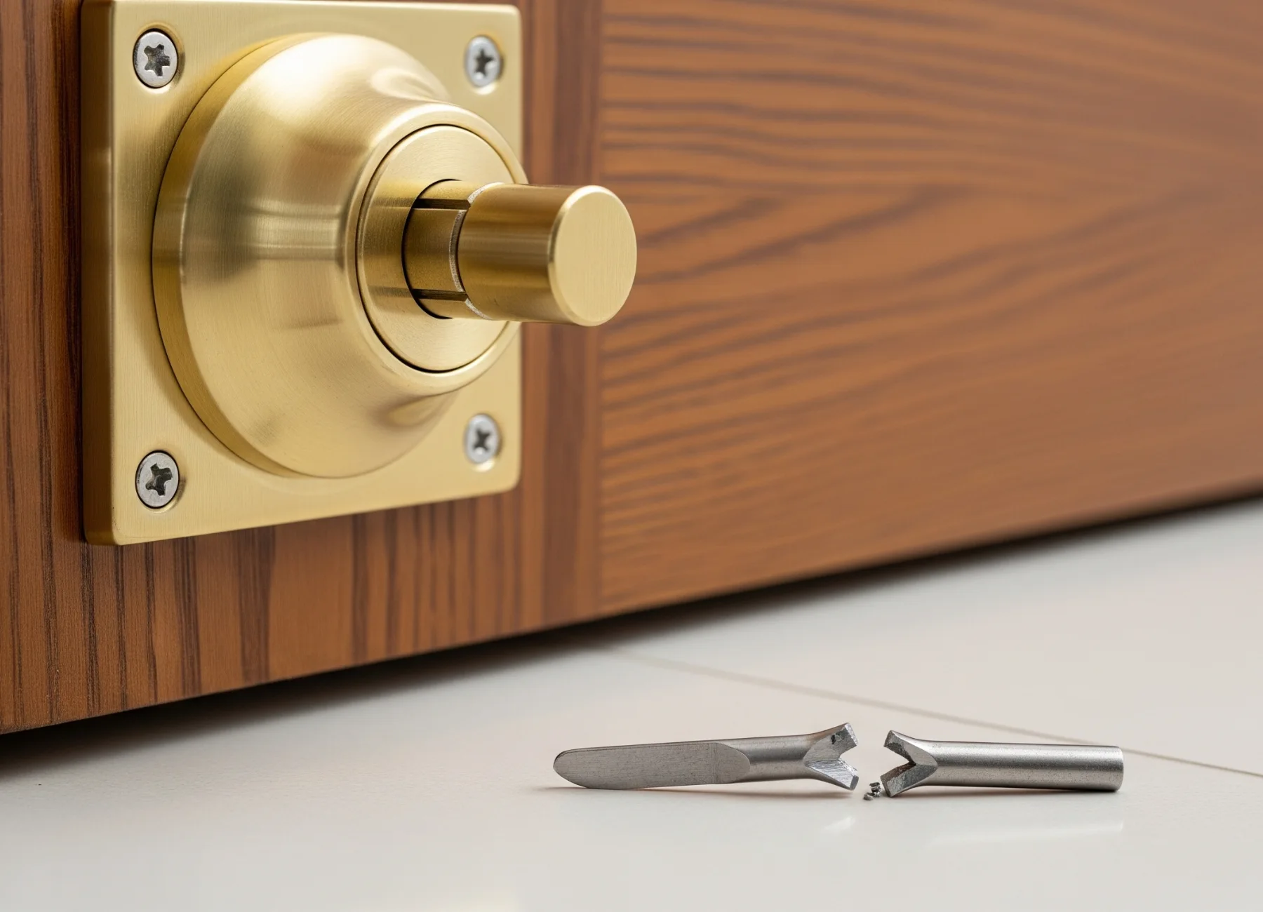 A heavy-duty brass deadbolt shown securely locked, with a broken lock pick lying on the floor in front of it, visually demonstrating how a proper deadbolt installation reduces the risk of lock picking.