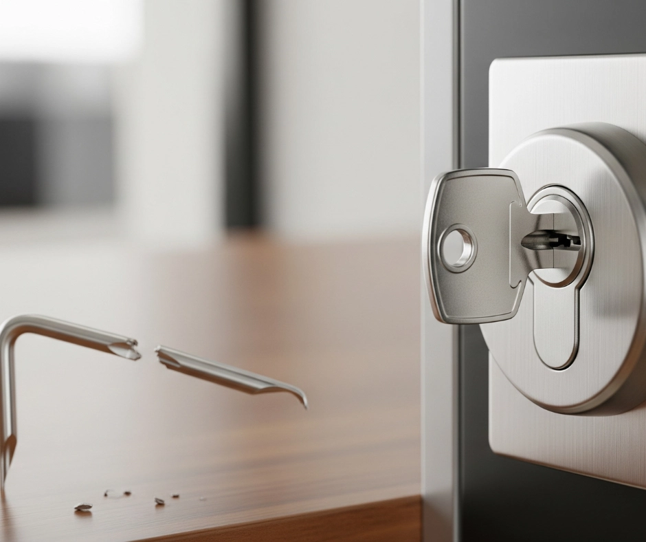 Broken lock pick tool stuck near a secure door lock, showing how Deadbolt Installation Reduces the Risk of Lock Picking.