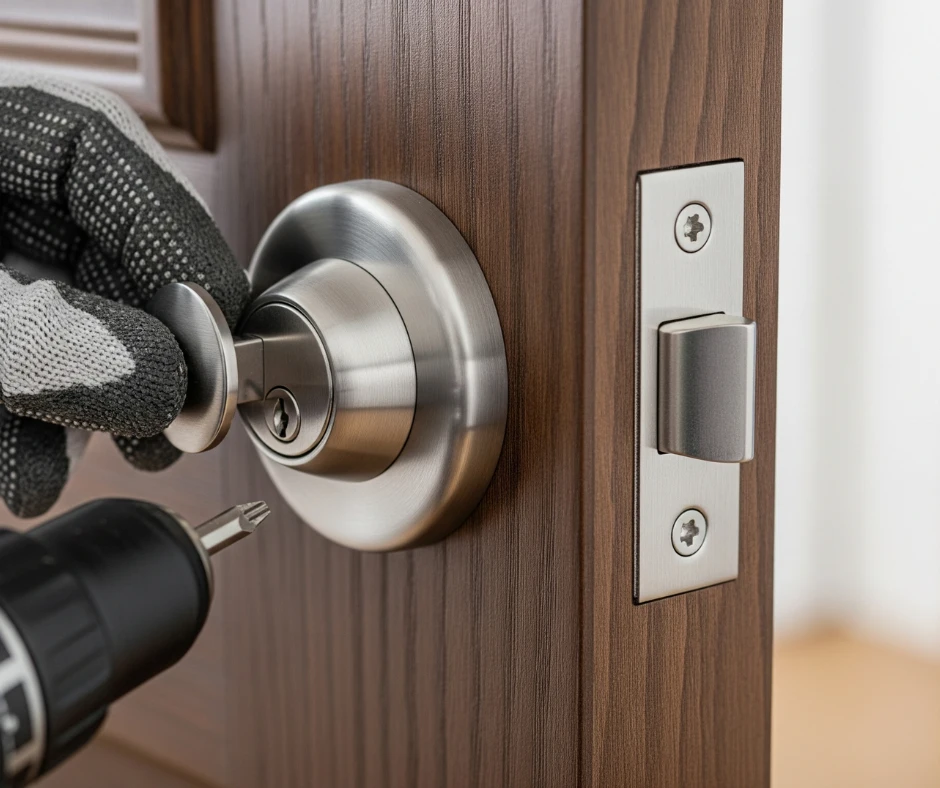 Professional locksmith using tools to secure a door lock during Deadbolt Installation Services.