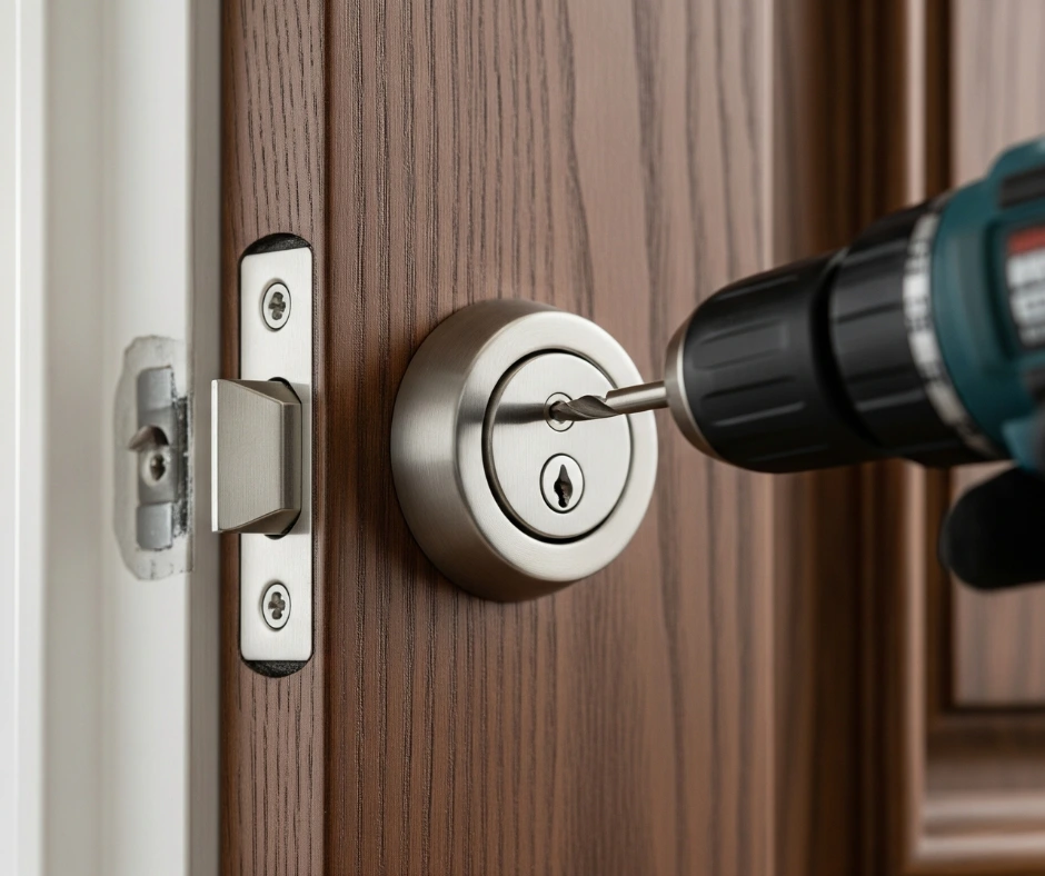A close-up of a professional using a power drill to secure a new brushed nickel lock to a dark wood door, completing the final steps of a deadbolt installation.