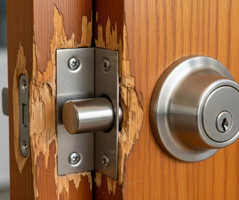 Damaged wooden door around a strong lock, highlighting the importance of Deadbolt Installation in Preventing Forced Entry.