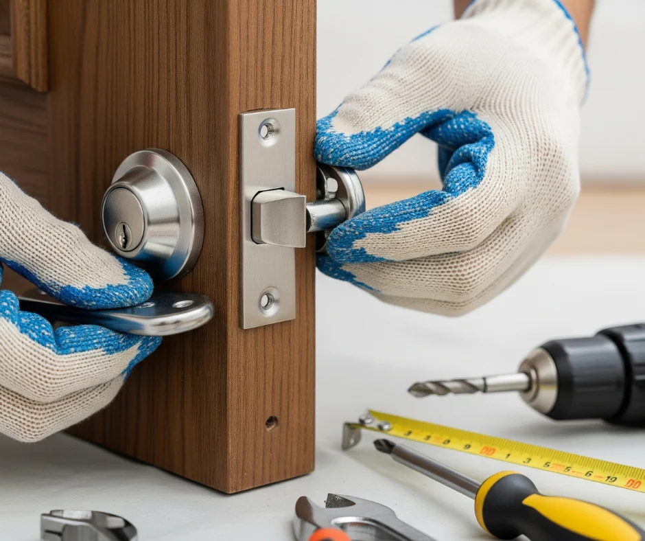 A close-up of a technician's gloved hands performing a deadbolt installation, fitting the latch mechanism into the edge of a wooden door with various tools visible in the foreground.