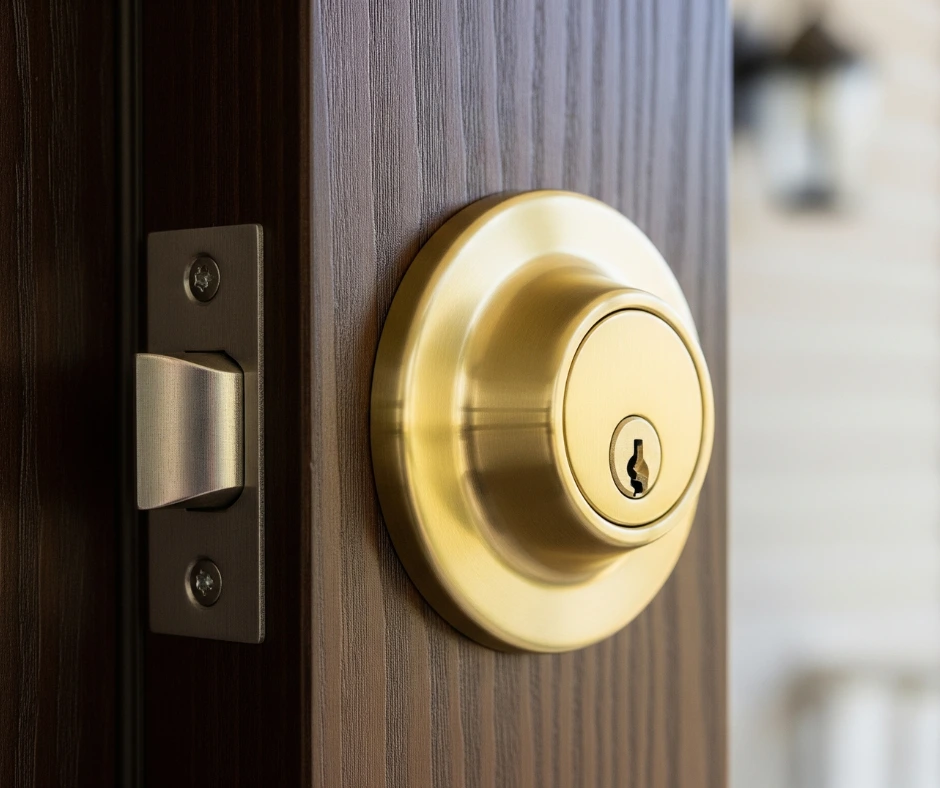 Close-up of a sturdy gold lock on a wooden door, highlighting professional Deadbolt Installation Services.