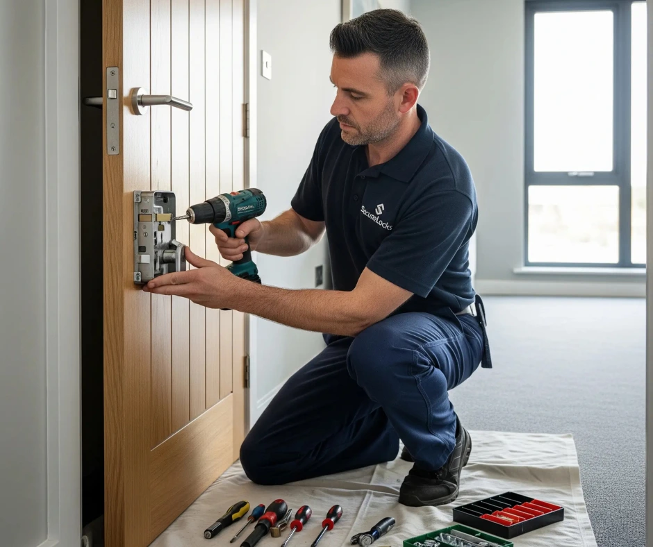 Professional Door Lock Installation service. A locksmith is expertly fitting a new lock in a room for enhanced security.