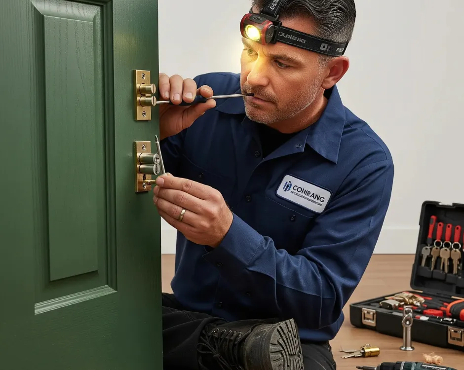 Wearing a headlamp for precision, a professional locksmith performs a Double Cylinder deadbolt Installation on a green door.
